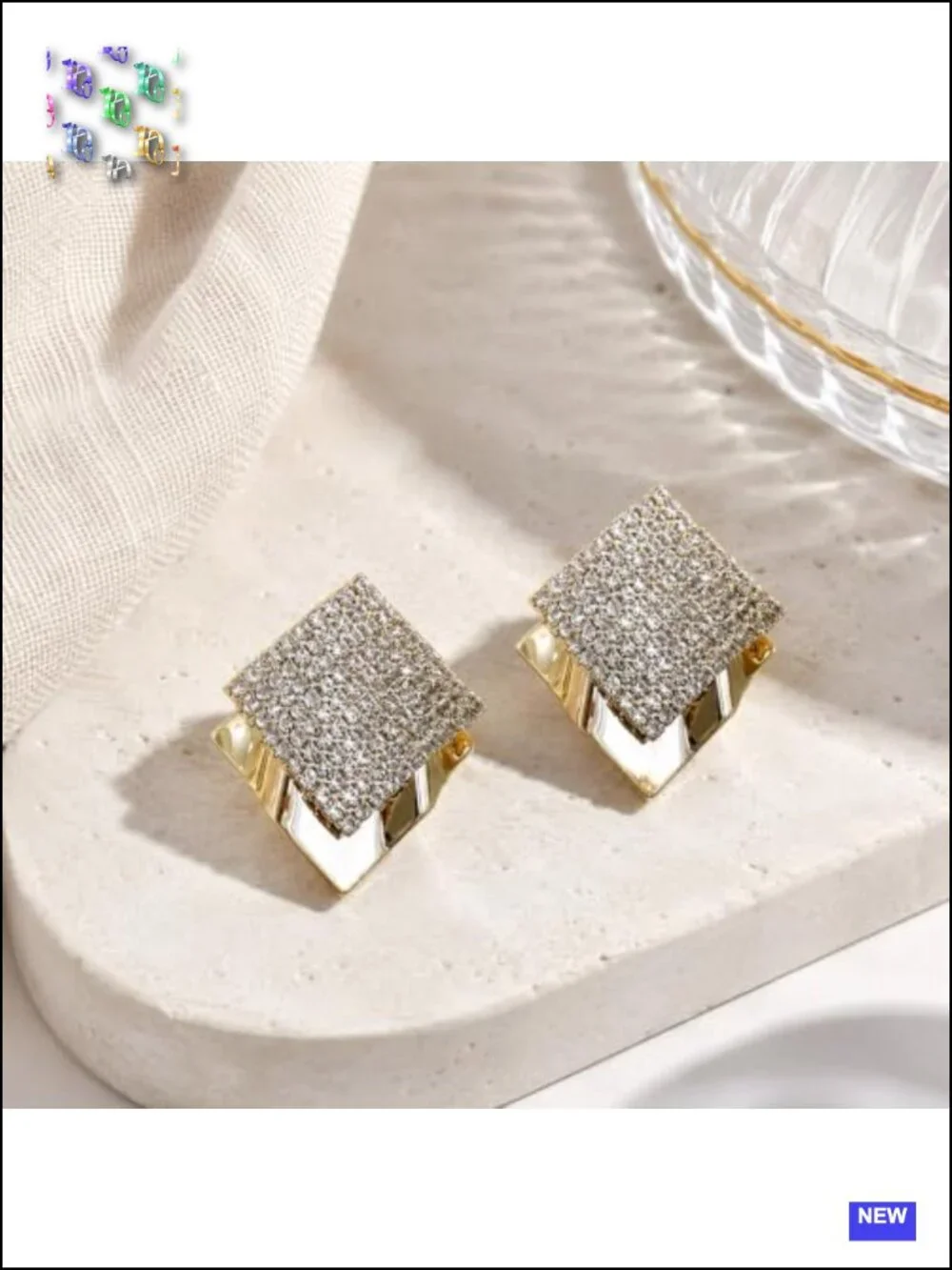 Gold Square Stud Earrings Pave Crystal Geometric Statement Jewelry